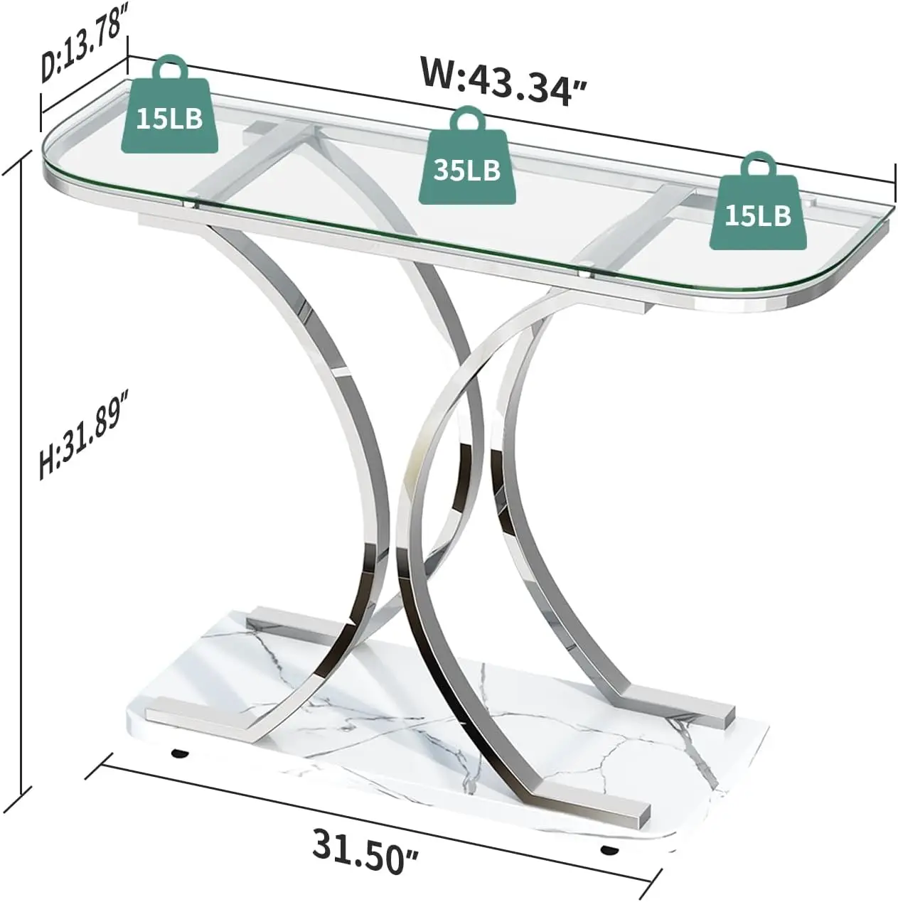 Silver Glass Console Tables for Entryway,Glass Entryway Table with Curved Frames and Marble Base, Modern Entrance Table Sofa Tab