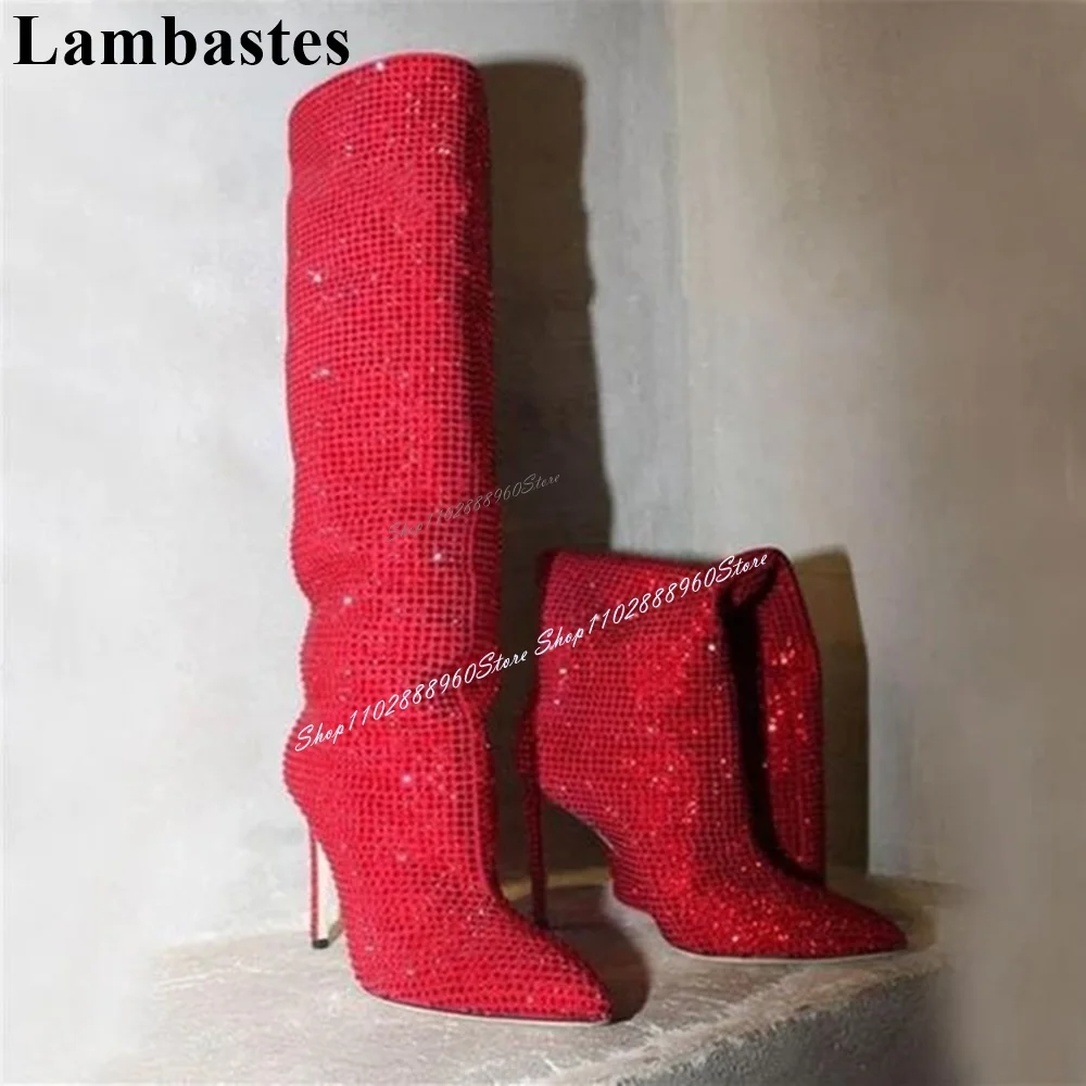 Runway-Bottes à talons hauts minces pour femmes, chaussures à enfiler, bottes pointues, décor en cristal rouge, mode 2024