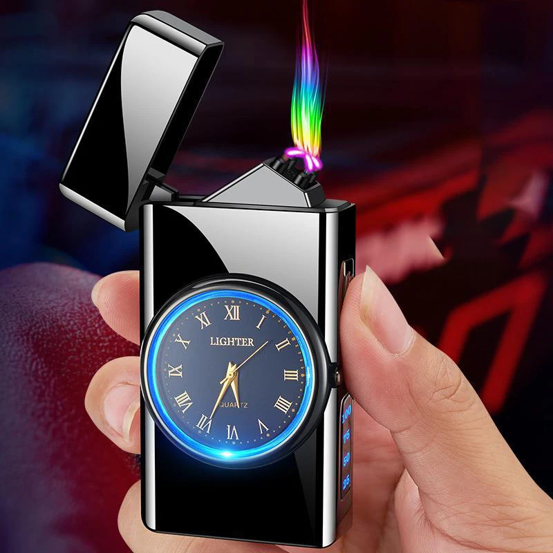 Quartz Dial Led Lighting Dual Arc Power Display Usb Real Watch Charging Gas Lighter Men\'S Tool Gift  Torch Smoke Accesoires