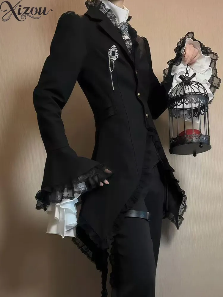 Prince's Niche Design Sense Men's Coats Black Dovetail Autumn Winter Jacket Gothic Lace Splicing Casual Jackets Unisex