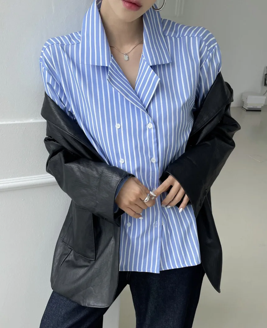 Seoulish-Blusas Vintage a rayas para mujer, camisas coreanas de manga larga con doble botonadura, chaqueta holgada con cuello, Top para mujer