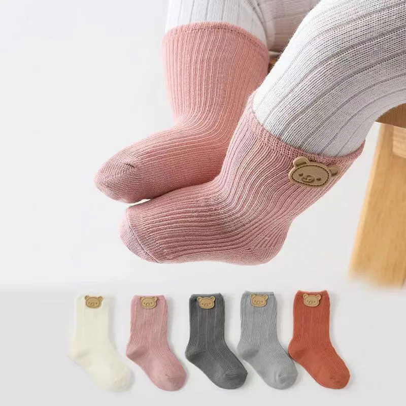 Cartoon Bear Baby Socks Spring Soft Cotton Infant Middle Tube Socks Solid Color Newborn Casual Floor Socks