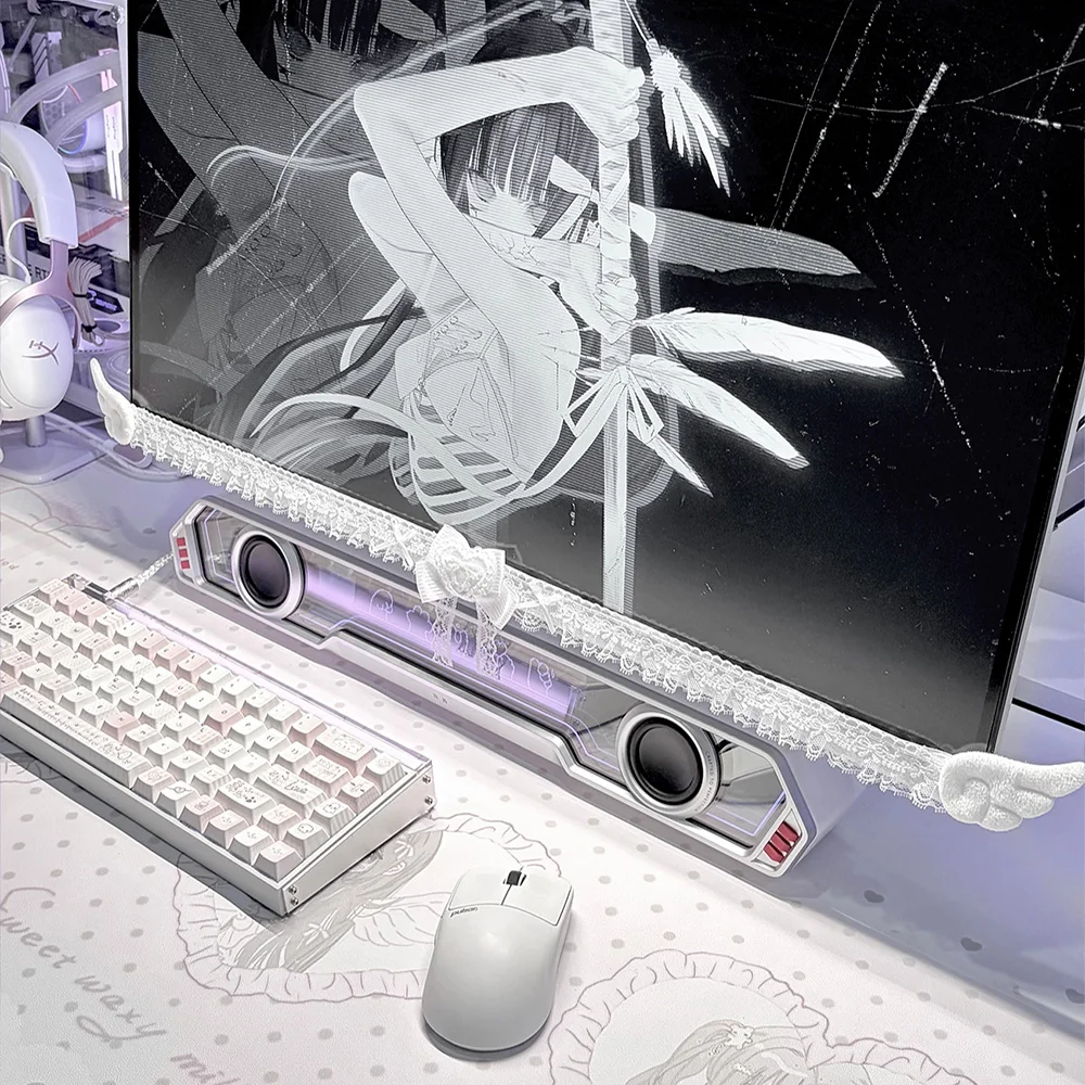 Kawaii White Lace Monitor Decoration Belt, Bow Angel Wings Design Dustproof Cable Organizer for Gaming Desktop Decor