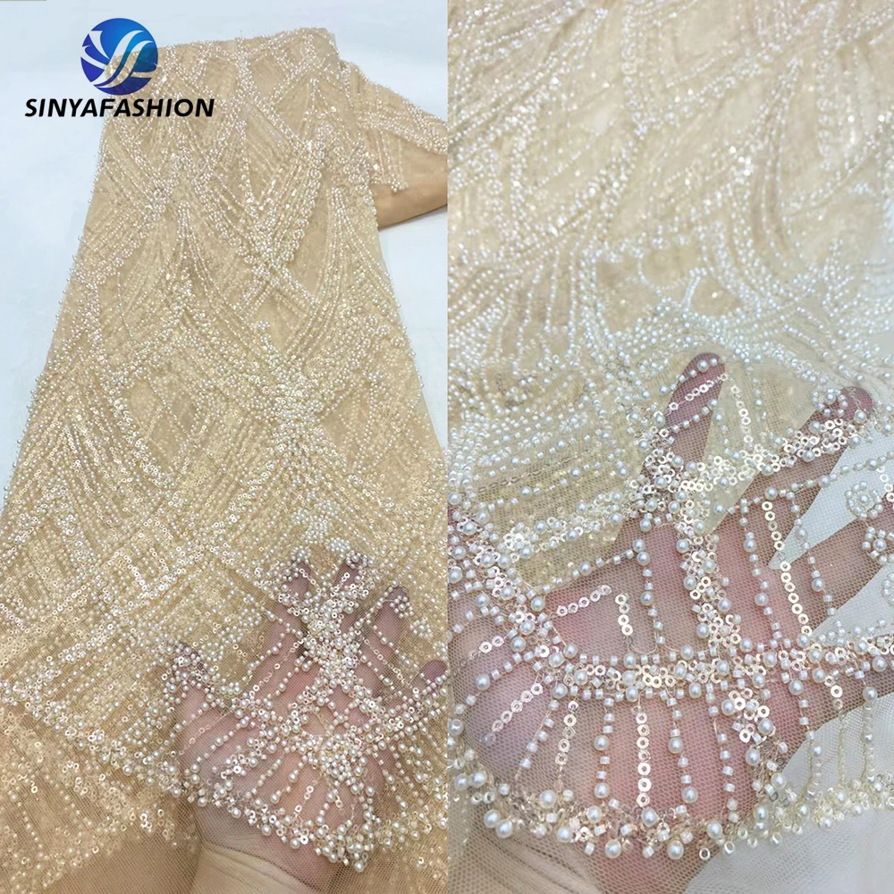 Sinya Latest Black French Mesh Tulle Embroidery Sequins Pearls African Heavy Beaded Lace Fabric High Quality Lace For Wedding