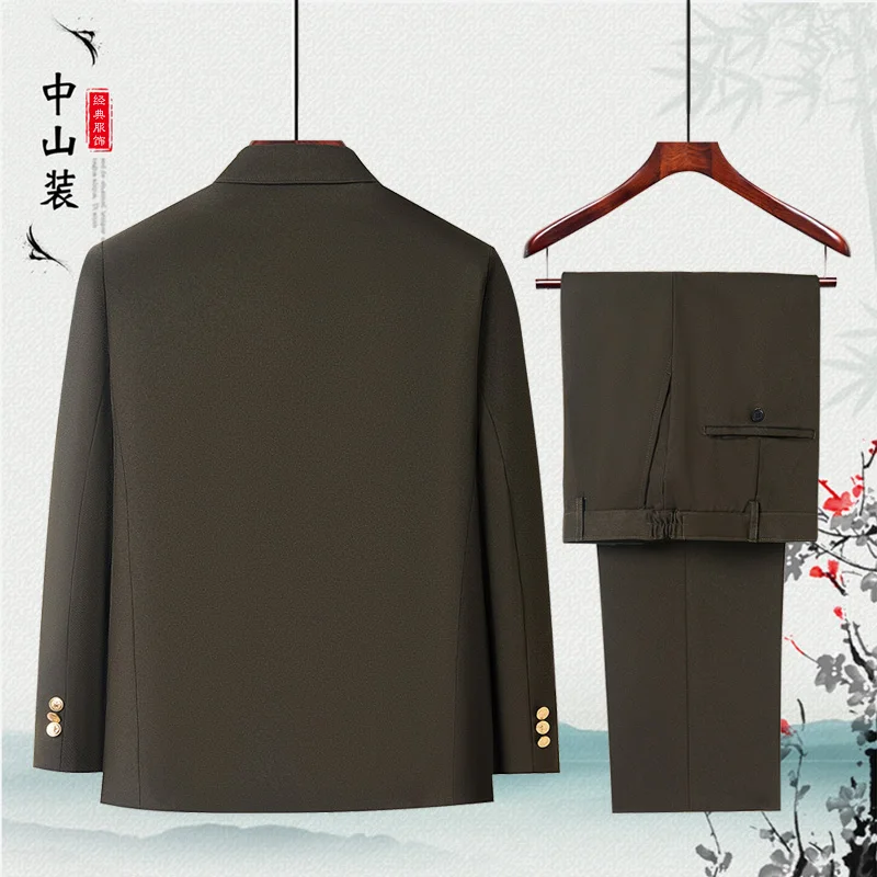 Men Army Green Mao Suit Set Modern Zhongshan Jacket & Pant 2PCS Uniform Tunic Blazer And Trouser Outfits Classic Clothings 2025