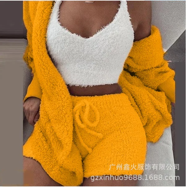 Women Winter Plush Home Wear Casual 3-piece Pajama Long Sleeve Sportswear Shorts Set Tracksuit Streetwear Matching Sets Outifits