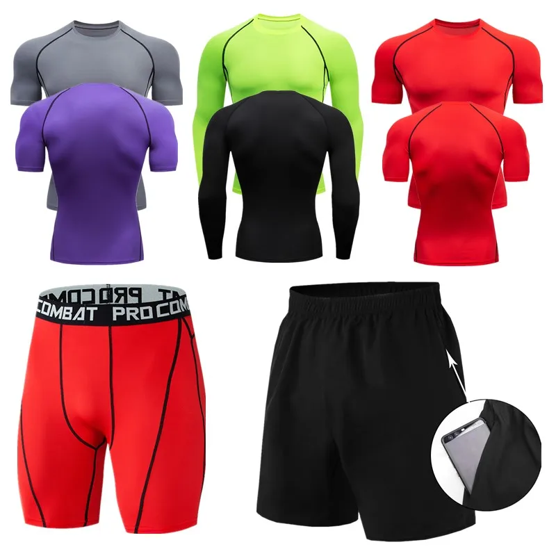 Men Quick Dry Compression Shirt+Gym Shorts Running Workout Sportswear New Large -size New Football Clothing Set Fashion Adult