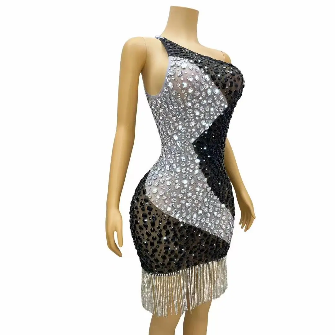 Fashion Birthday Celebrate Black White Crystals Dress Women Sleeveless Chains Transparent Rhinestones Fringes Dress Hundun