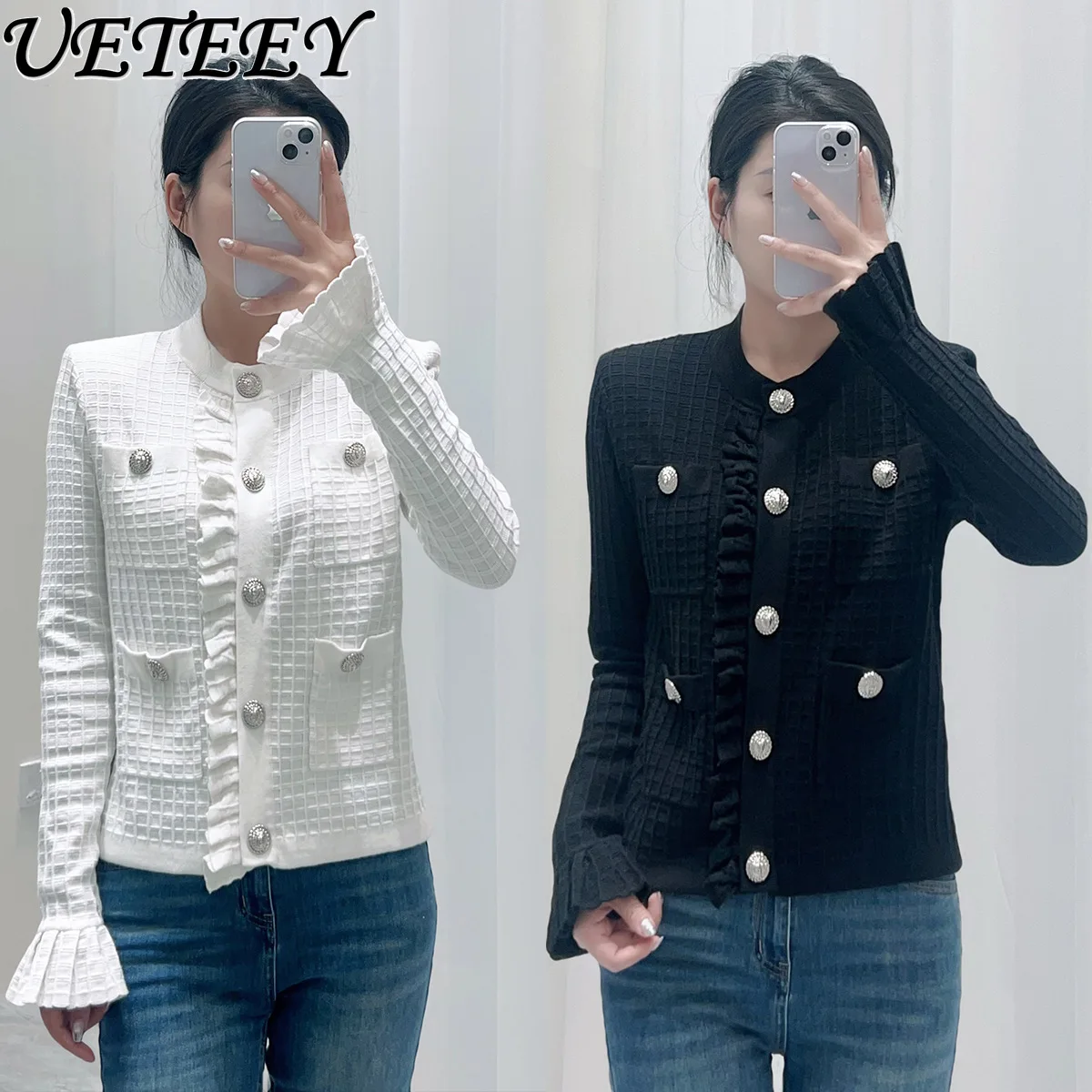 

Осень-зима 2025 г., новый однобортный кардиган в клетку с рюшами, элегантный модный однотонный свитер с круглым вырезом, куртка