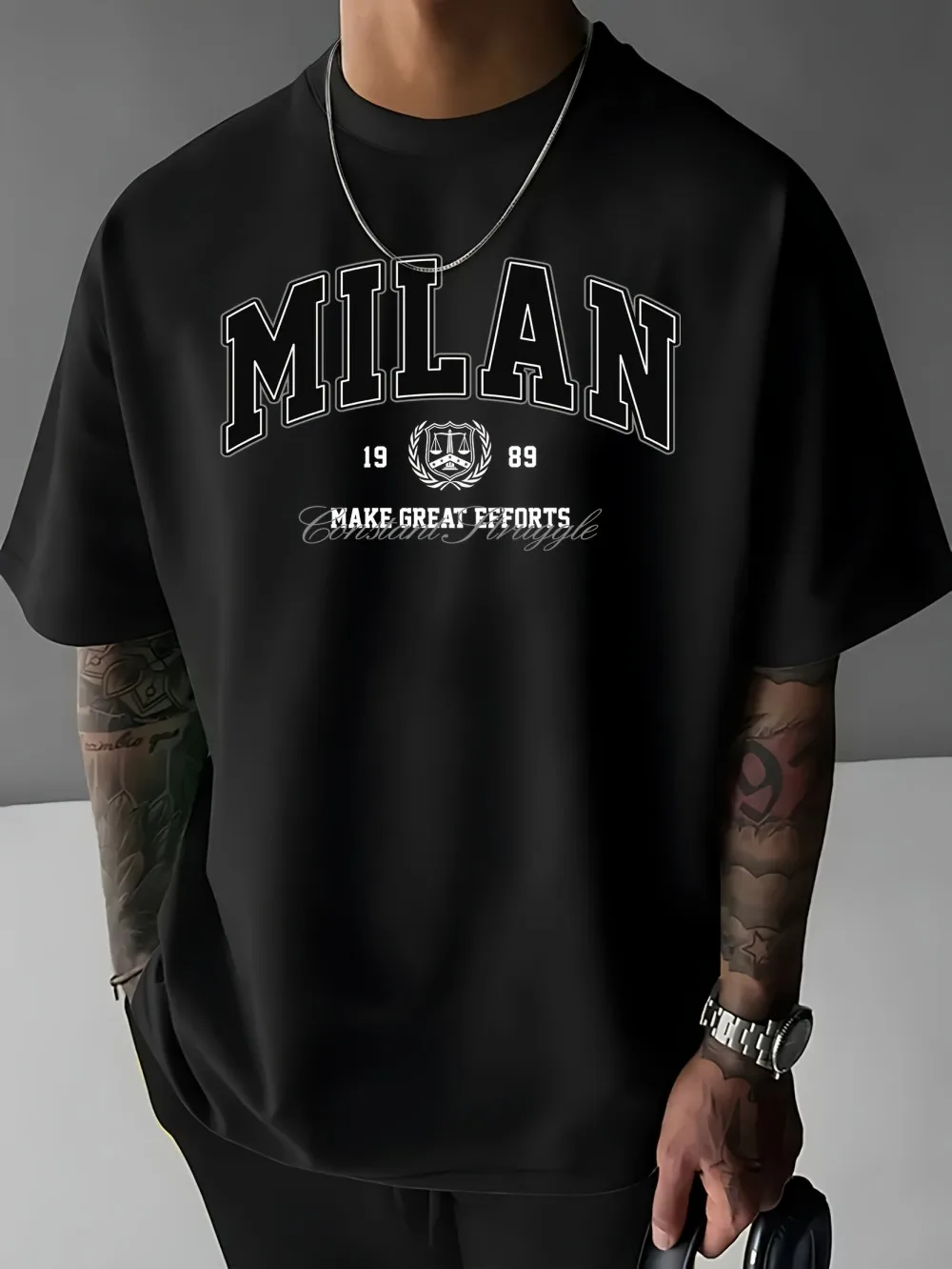 Fashionable American men's 1989 summer vintage Milan letter print micro elastic breathable round neck T-shirt outdoor casual top
