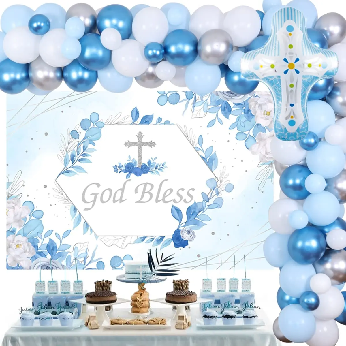 

Baptism Party Decorations for Boy Blue Silver Balloon Garland Kit God Bless Backdrop First Communion Confirmation Party Supplies