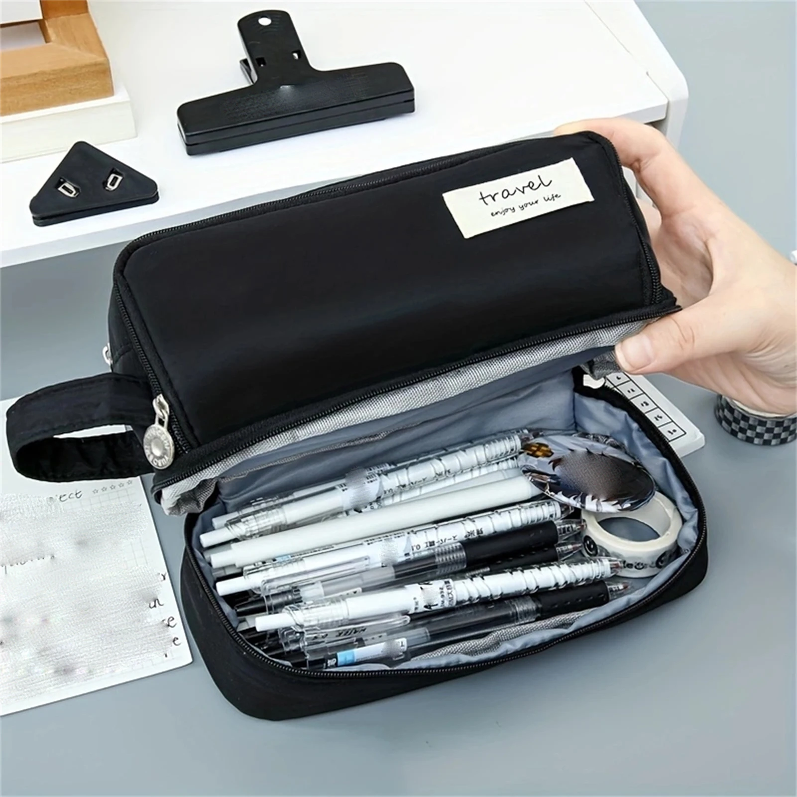 Large Capacity Pencil Stationery Box Simple Double Layer Durable Pencil Cases Portable Cosmetic Journaling Supplies Bag NOV99