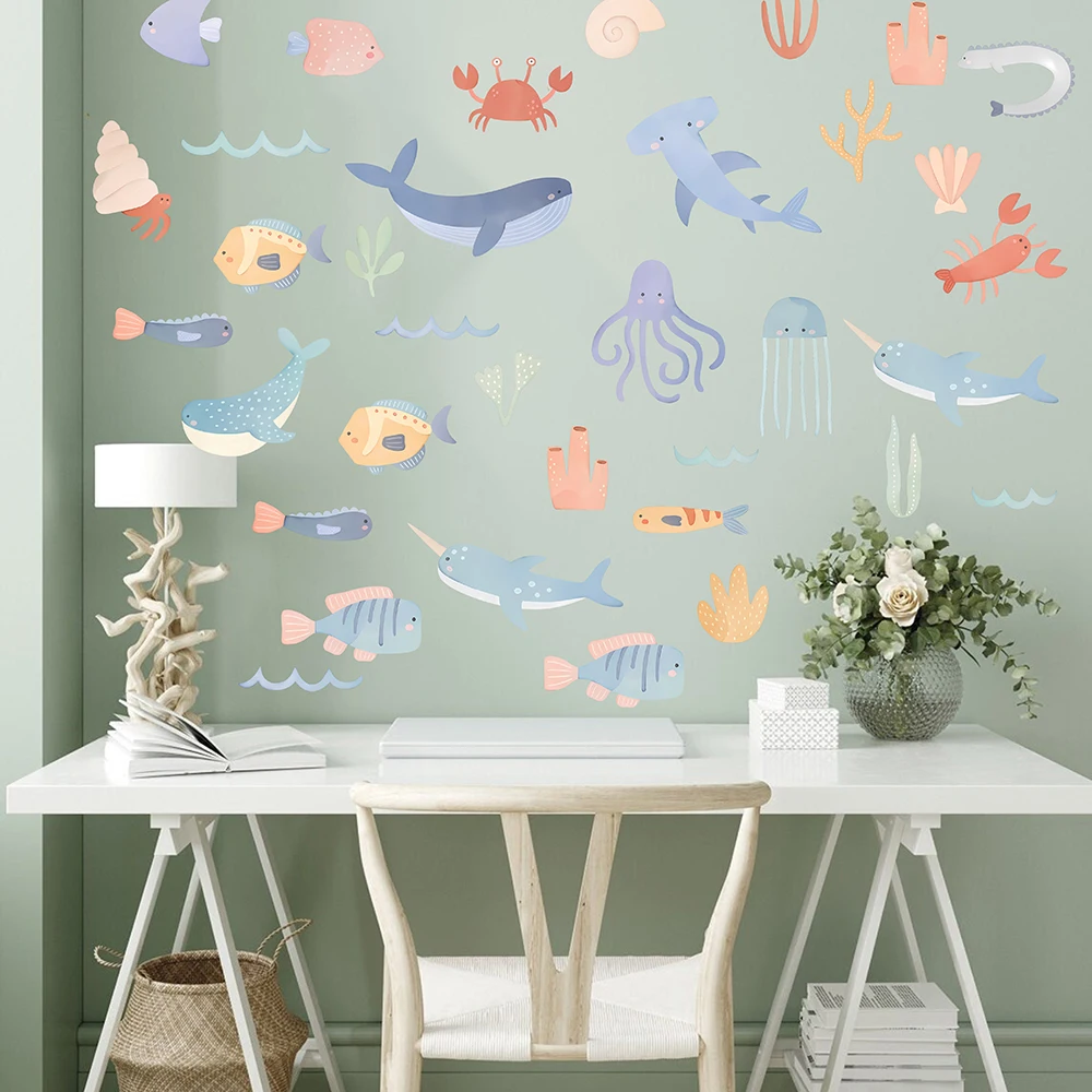 Watercolor Ocean Turtle Fish Animal Wall Sticker Living Room Bedroom Sea Life Beach Landscape Wall Decal Home Decor