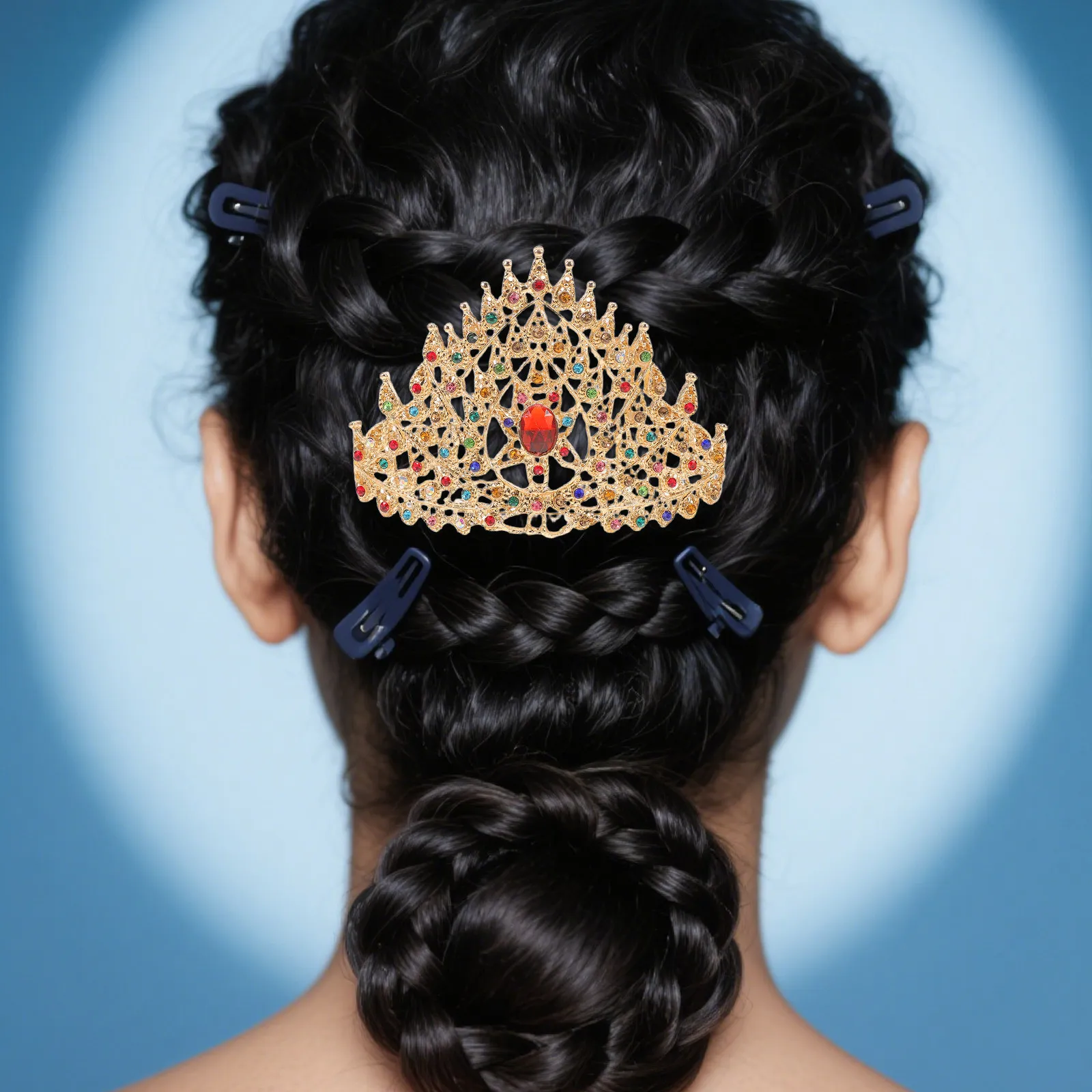 Thai Inspired Princess Crown Hairpin Headdress Golden Tone Metal Comb Clip for Wedding Festival Birthday Dance Performance Asian