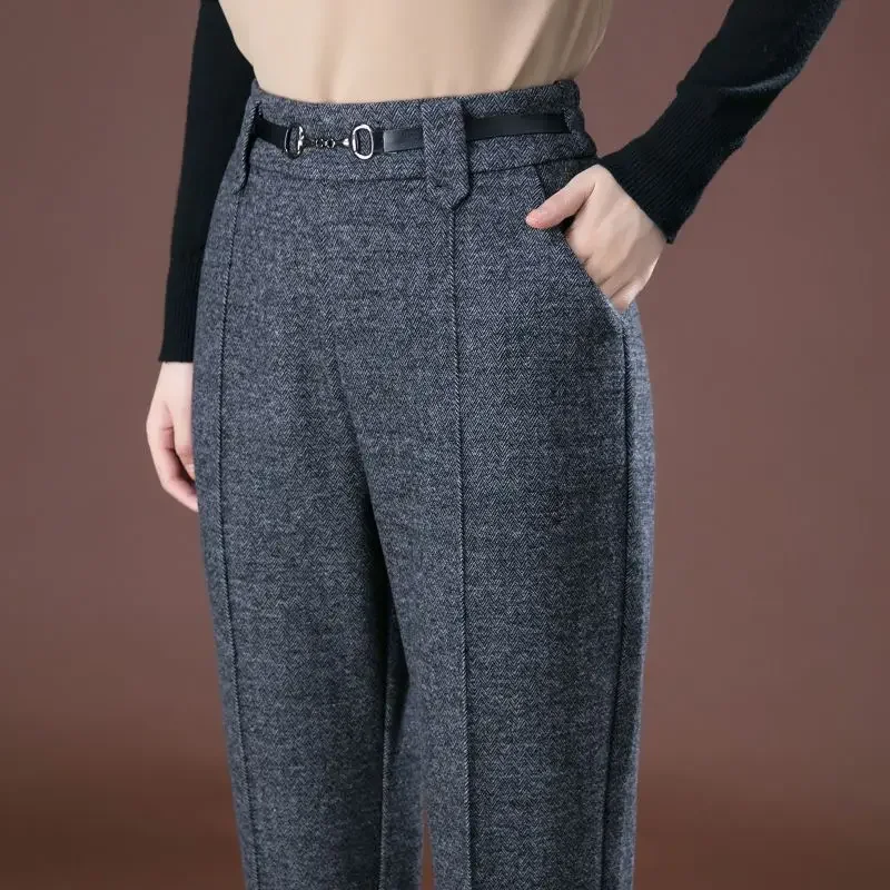 Pantalones de traje sueltos de lana para mediana edad y personas mayores, nueva madre recta de pierna ancha cubierta de carne gruesa