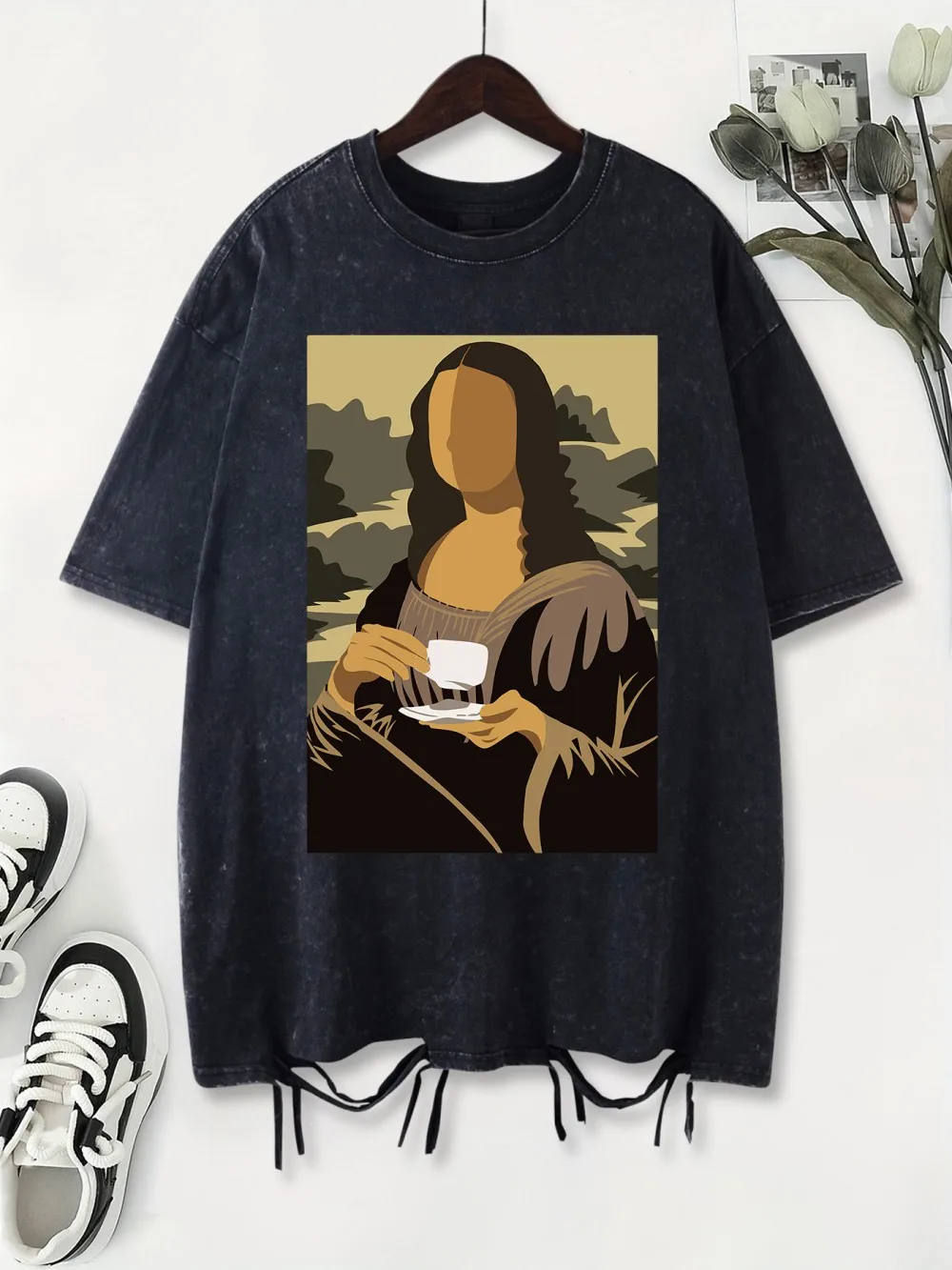 

Мона Лиза без принтов лица, потертые футболки, женские хлопковые топы, удобные футболки большого размера с круглым вырезом, летняя женская одежда