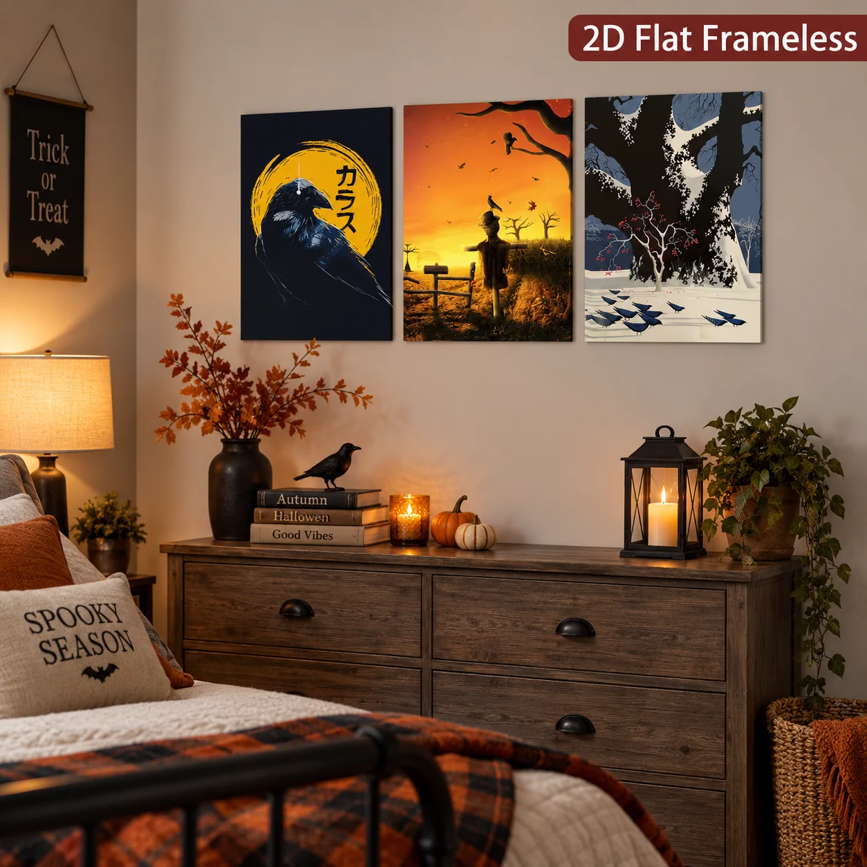 3 pieces depicting winter tree landscapes, equipped with crows and playful dolls, perfect for dreamy themed decoration, 2D flat