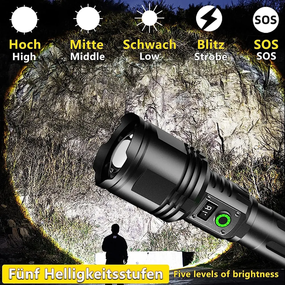 High Power XHP360 LED 36-CORE Flashlight With LCD Power Display Life Waterproof  Zoomable Torch For Camping Emergency