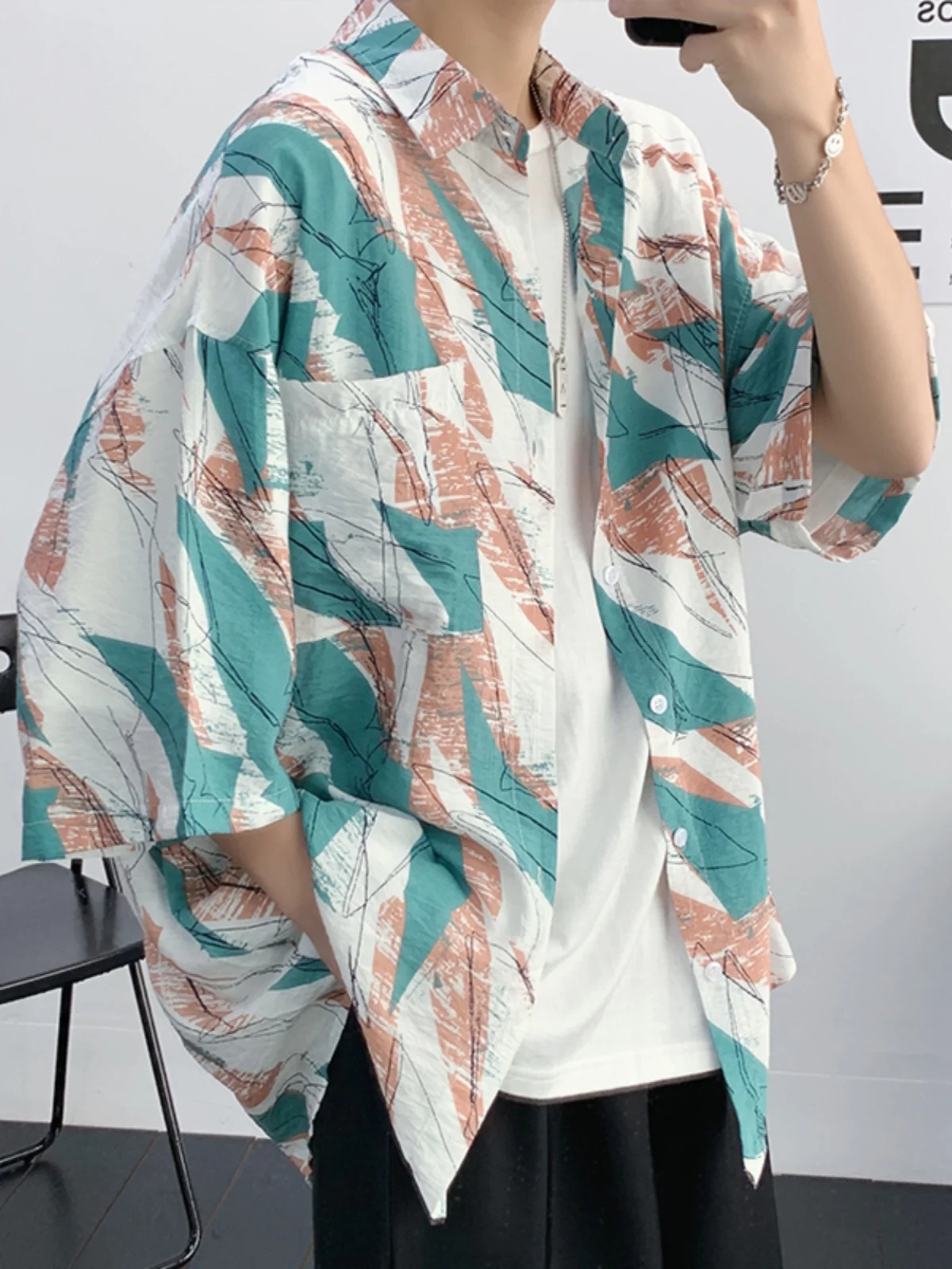 

Summer Thin ort Sve Men's irt Loose Fit Faionable Hong Kong Sle Japanese Brand Casual Loose Five-Quarter Sve Ja...