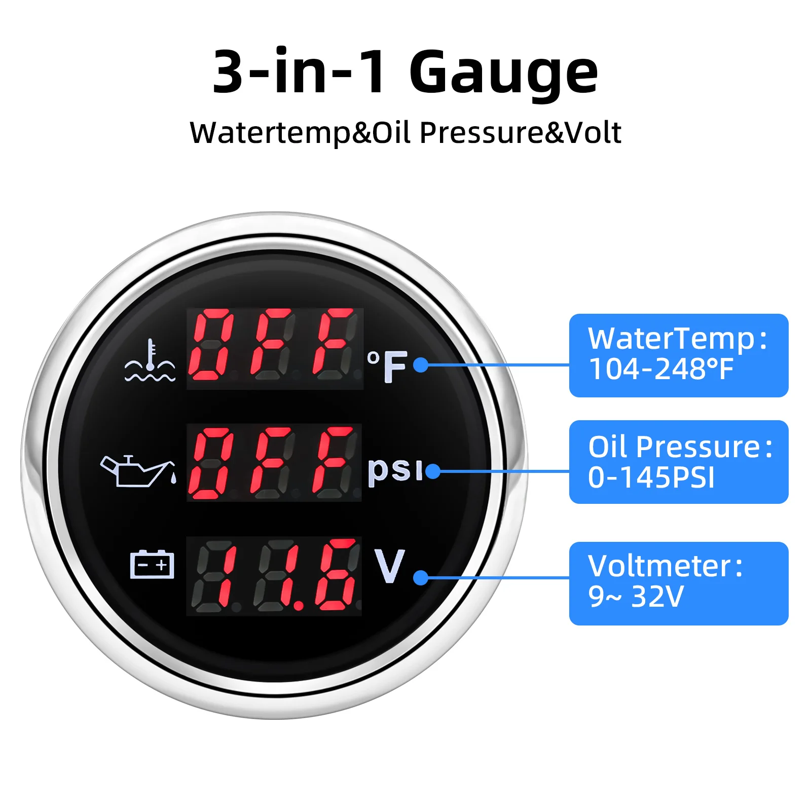52MM 3 in 1 Digital Water Temperature+Oil Pressure+Voltage Car Gauge With Alarm Universal For 12V 24V Car Boat Truck SUV