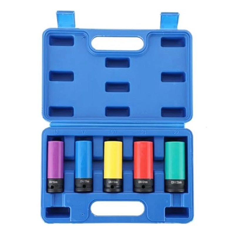 

Wheel Protector Impact Socket Set Kit 1/2 Inch Drive Lug Nut Socket Kit Color-Coded Protective Sleeve(15/17/19/21/22Mm)