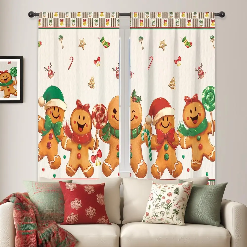 Merry Christmas Curtains Xmas Candy Cane Cute Gingerbread Man Bow Snowflake Jingle Bell Winter Holiday Rod Pocket Lovely Bedroom