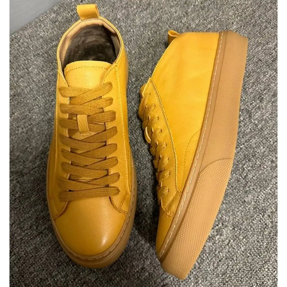 Mustard Yellow Leather Mid-top Casual Sneakers, with matching laces and gum sole