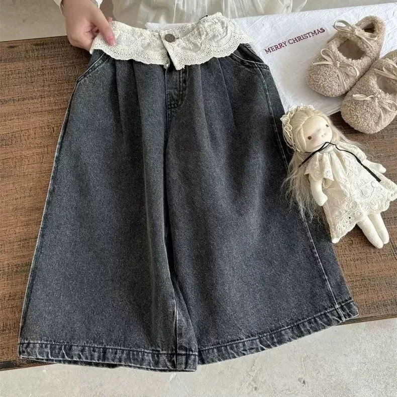 Frühling Herbst Spitzenbesetzte Gerade Jeans für Mädchen, Schlanke Weite Hosen, Weiche Baby- und Kinder-Freizeithosen für Draußen – Detail 6