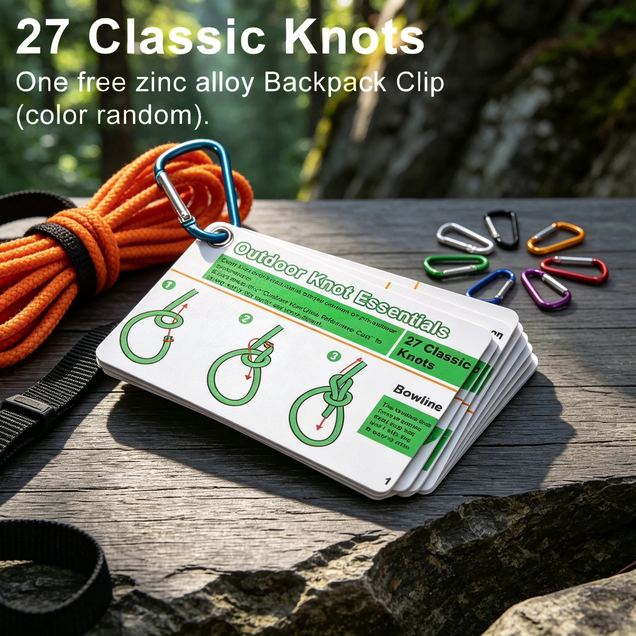 1Set Camping Knot Guide Cards 27 Classic Knots with Mini Carabiner Durable Pocket Outdoor Backpack Reference Card