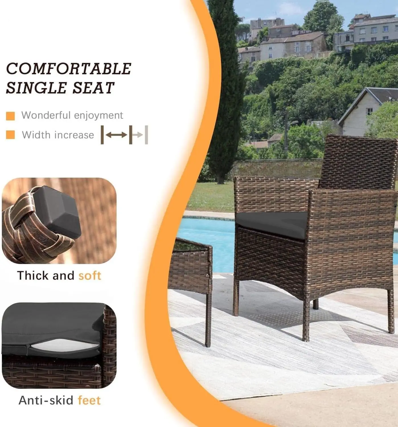 Almofada PE Wicker Rattan Cadeiras com mesa de café, Mobiliário exterior, Pátio Set, Jardim Poolside Porch, quintal, 4 pcs