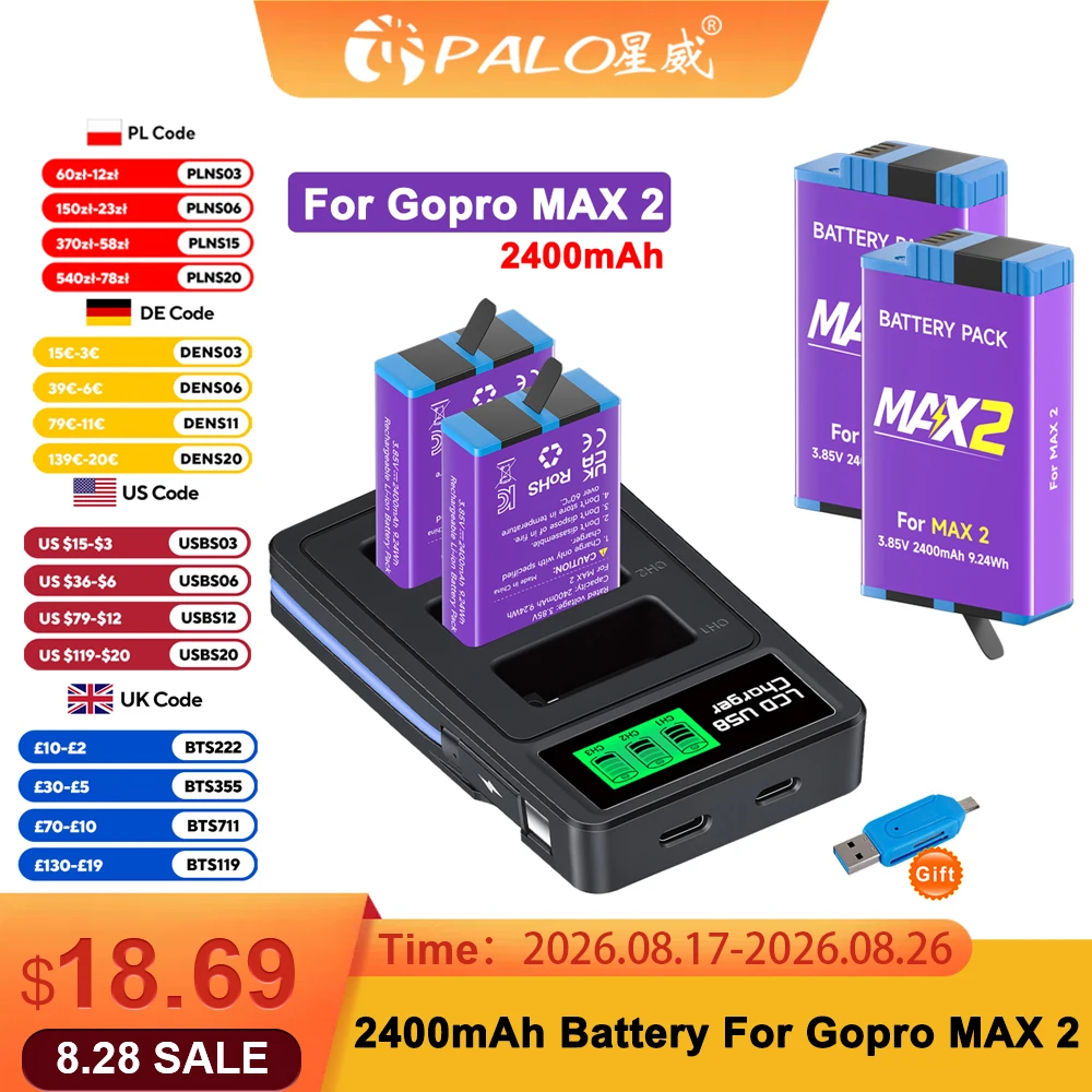Batterie au Lithium Rechargeable 2400mAh pour Go Pro MAX2 + chargeur LCD à 3 emplacements pour accessoires de caméra d'action Gopro Max 2