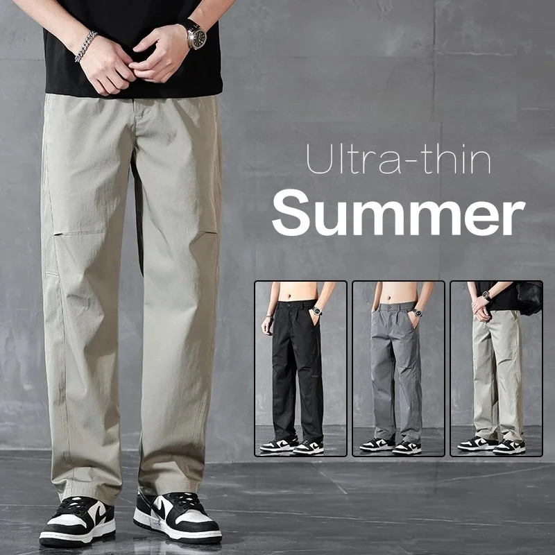 

Good Quality Spring Summer Thin Men's Casual Straight Trousers Elastic Waist Outdoor Business Solid Color Long Cargo Pants Male