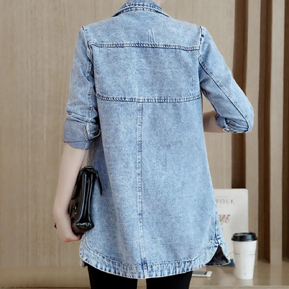 Women Single Breasted Long Denim Jacket Irregular Hem Mid-Length Turn-Dwon Collar Flap Pockets Ladies Slim Coat Women Outwear