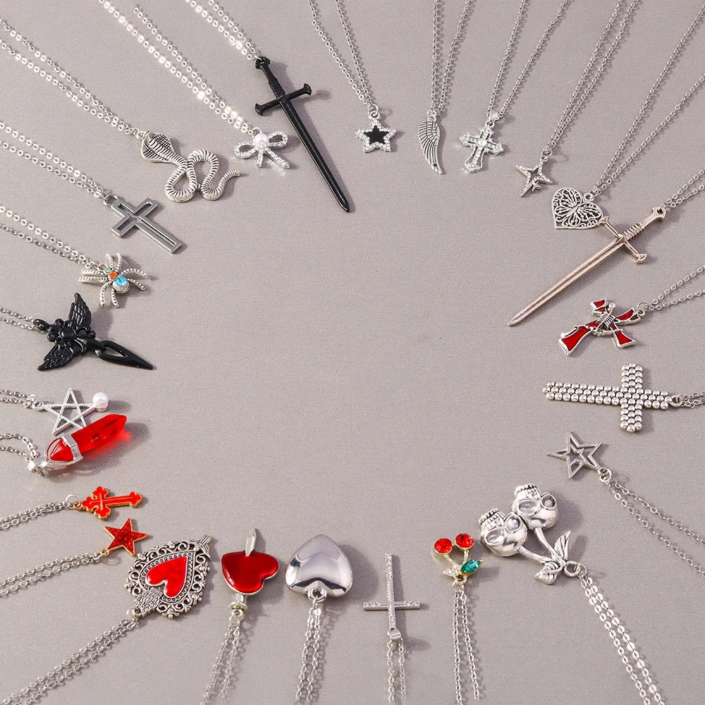 Aihua 5pcs/set Gothic Religious Cross Vampire Red Heart Pendant Necklace Set for Women Grunge Hip Hop Necklace Jewelry Gifts