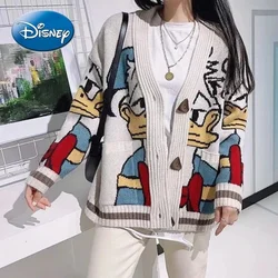 Disney cartoon Donald Duck jacquard knitted cardigan jacket sweater women new spring and autumn Korean version loose lazy style