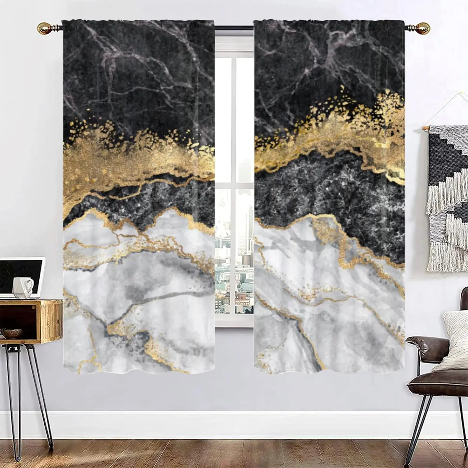 Black And White Marble Blackout Curtains,White And Gold Window Curtains Women Men Boys Modern White Gold Abstract Art Marble