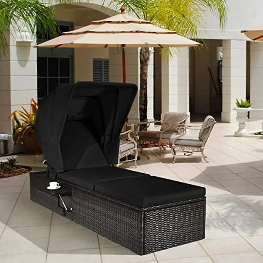 Espreguiçadeira ao ar livre cadeira dobrável dossel ajustável amortecido reclinável flip-up mesa de chá rattan guarda-sol design humanizado