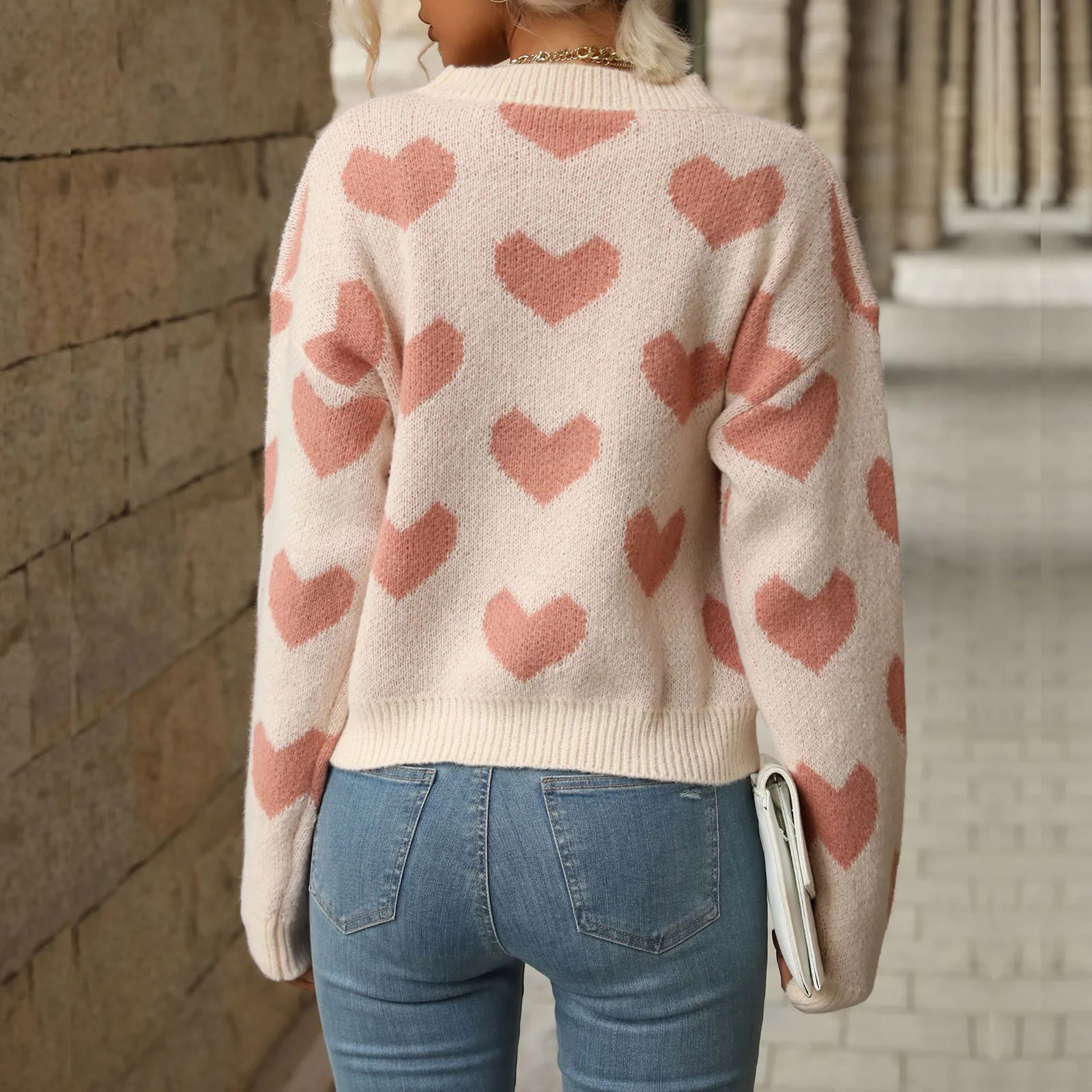 Women's Loose Sweater Valentine's Day Clothes Heart Pattern Long Sleeve Round Neck Knit Pullover Tops Casual Knitwear 2024