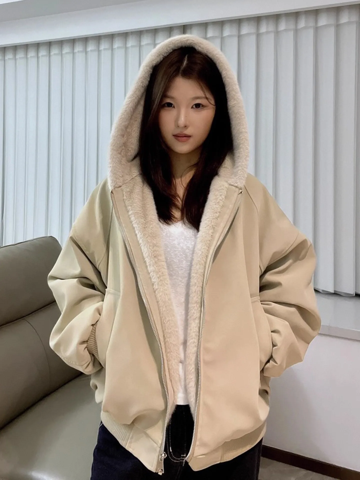 

Cleanfit Fur Jaet Cotton Coat ex Winter Thiened PU Leather Lamb Fur Cotton Clothes Zipper Hoodie Warmth Youth S...