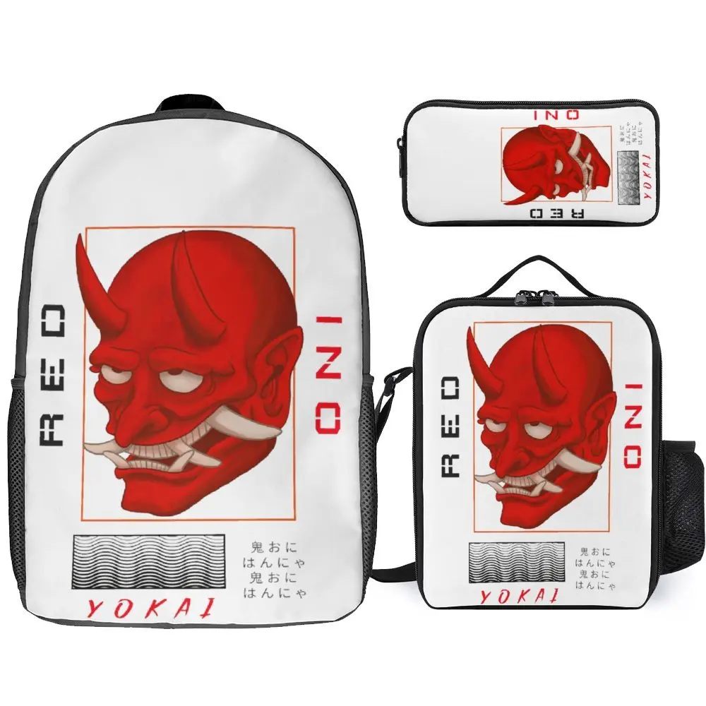 

3 in 1 Set 17 Inch Backpack Lunch Bag Pen Bag Red Oni Yokai Orge For Sale Demon Durable Graphic Cosy Picnics Field Pack