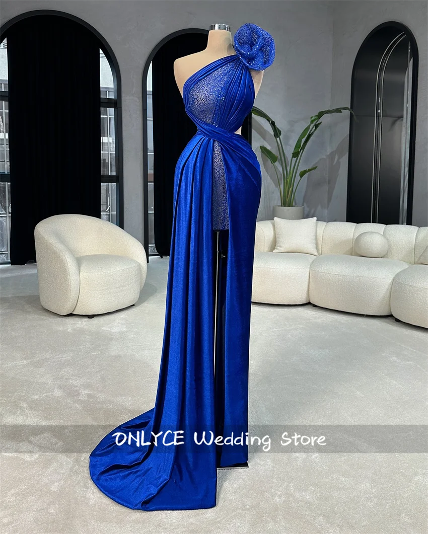 Exquisitos vestidos de noche azul real, vestidos formales de terciopelo con purpurina y cuentas de cristales para fiesta de recepción de boda, vestidos de graduación personalizados