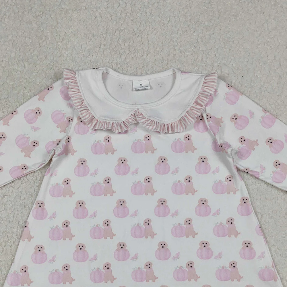 

Baby Girls Pink Dog Pumpkin Print Knee-Length Dress Long Sleeves Ruffle Detail Fall Collection for Kids Girls