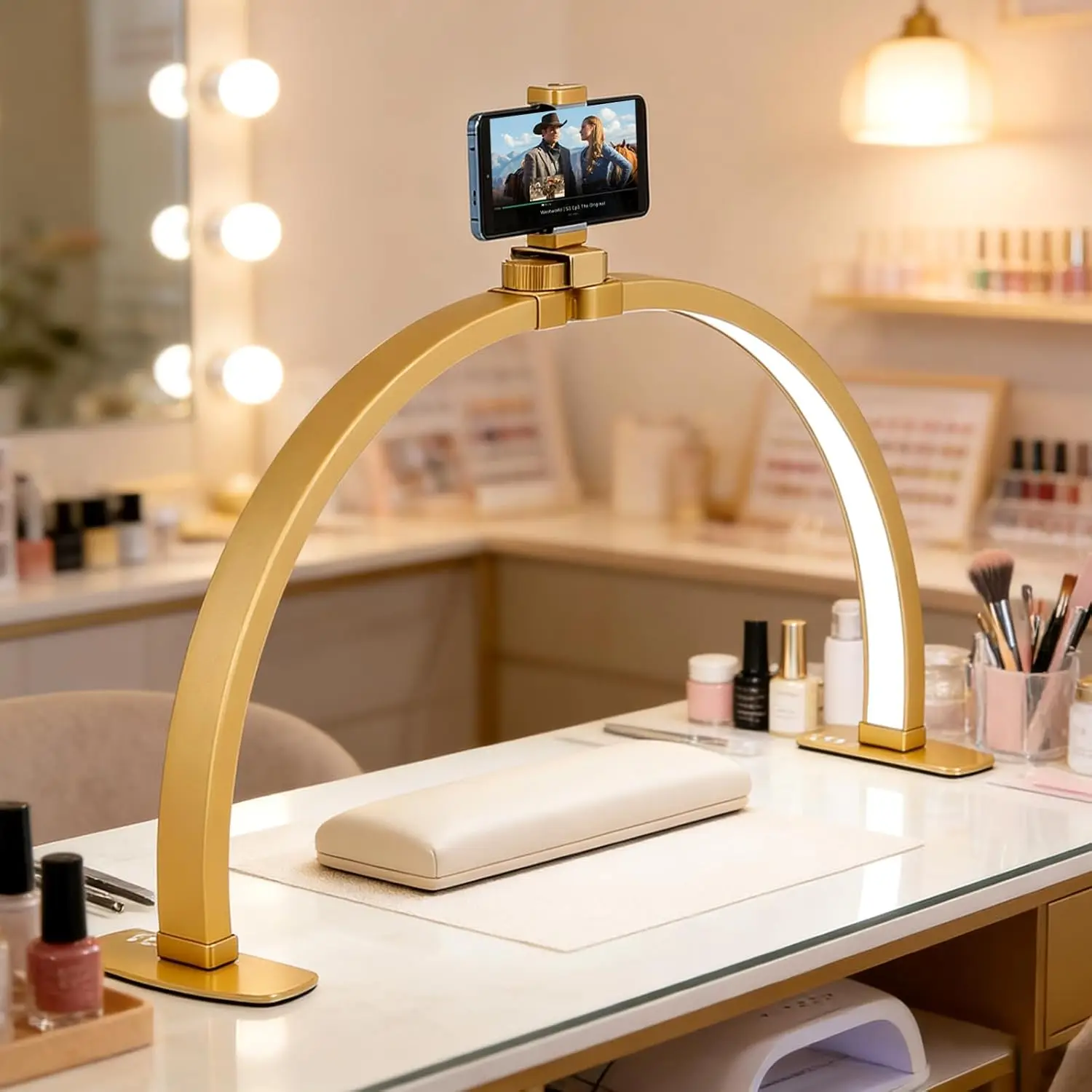 

Складная LED-лампа-полумесяц 29 дюймов для маникюра, наращивания ресниц, татуажа с держателем для телефона, 3 цветовые температуры