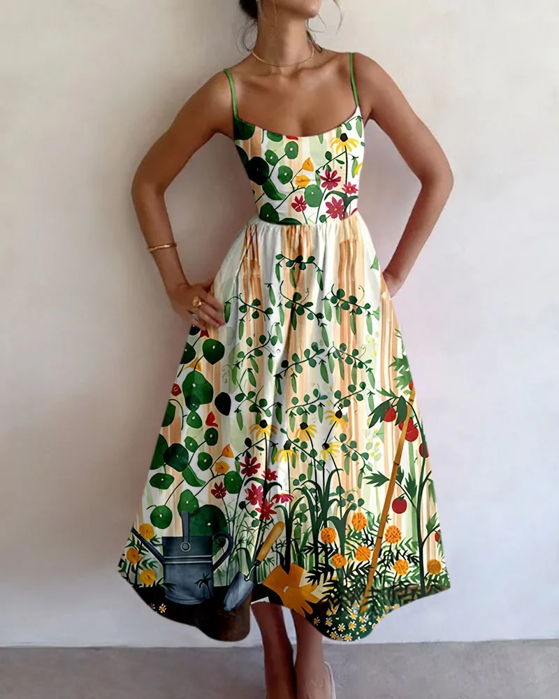 

Retro Luxury Flower Dress For Women Sexy Hand-Painted Printed Elegant Vest Summer 2026 Ladies Tight Chic Strap Long Dress