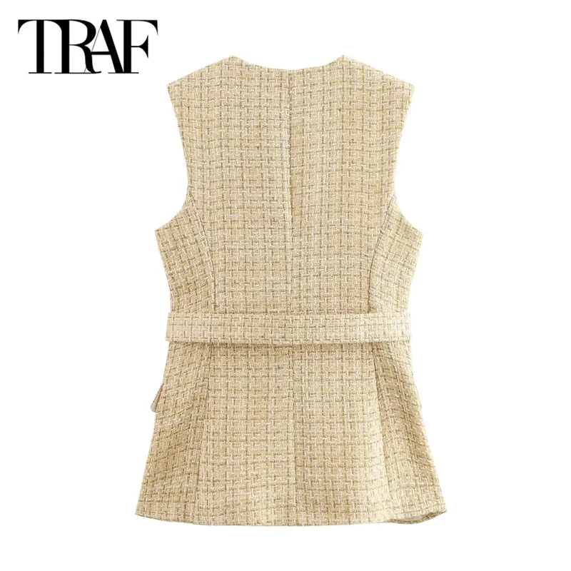 TRAF Women\'s 2024 Tweed Vests Autumn Women Sleevless Belt Waistcoat Outerwear Ladies Fashion Elegant Office Button Up Tank Vests