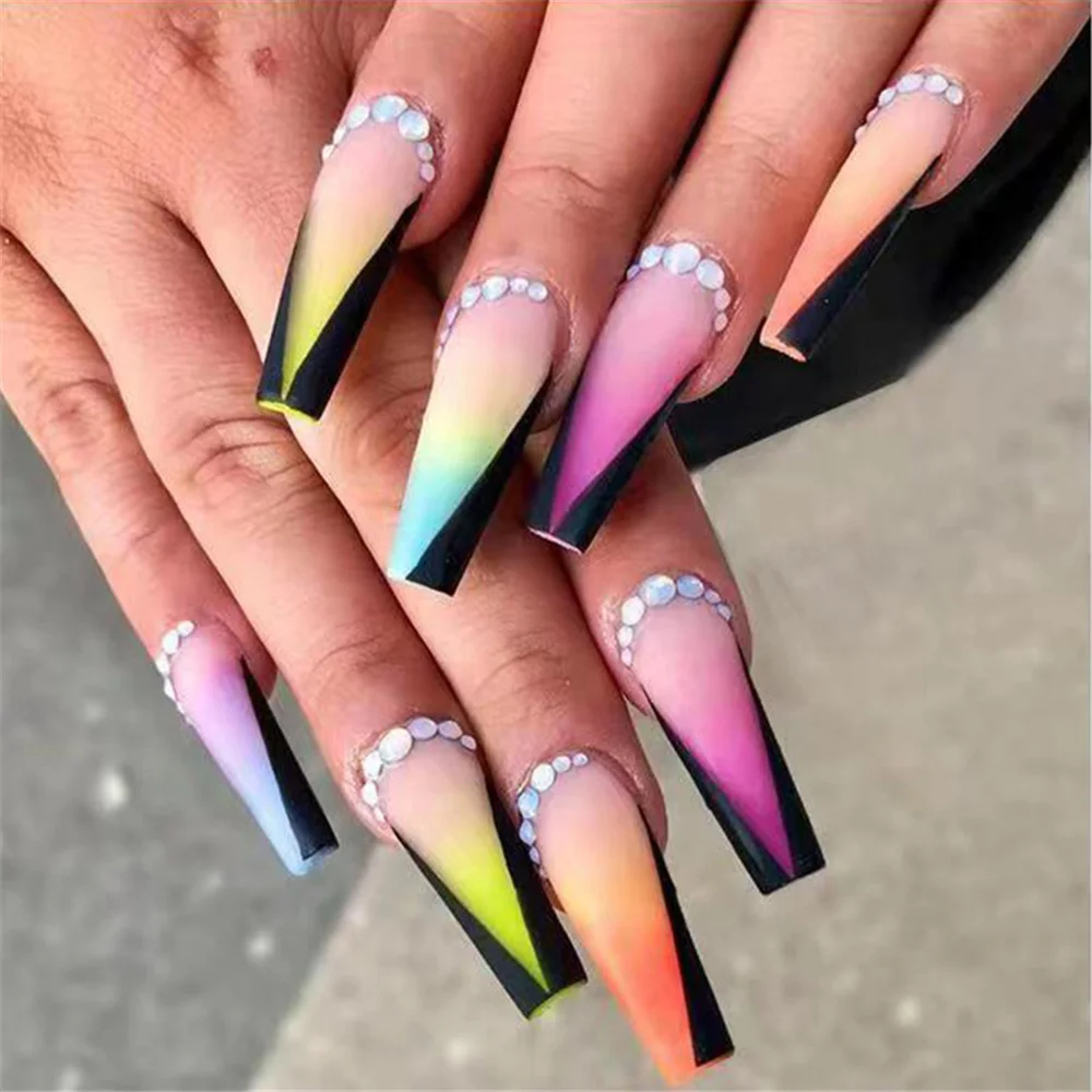 

Rainbow Color Long Ballerina Fake Nails Set Press On Nails French Coffin False Nail Tips With Designs Colorful Blooming Manicure