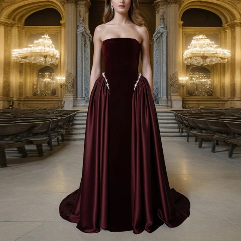 HKSH المرأة مزاجه المد فستان طويل مطوي رصع الماس حمالة ثنيات أنيقة موضة فاخرة شيك فستان سهرة HK9060