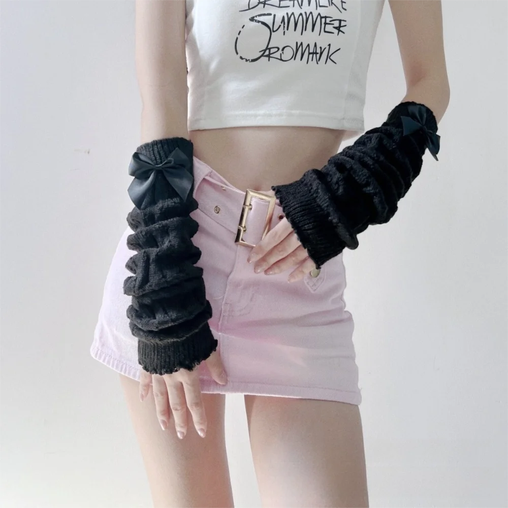 New Long Arm Warmer Gloves Knitted Cold Proof Warm Arm Sleeve Cute Bow Fingerless Gloves Autumn Winter