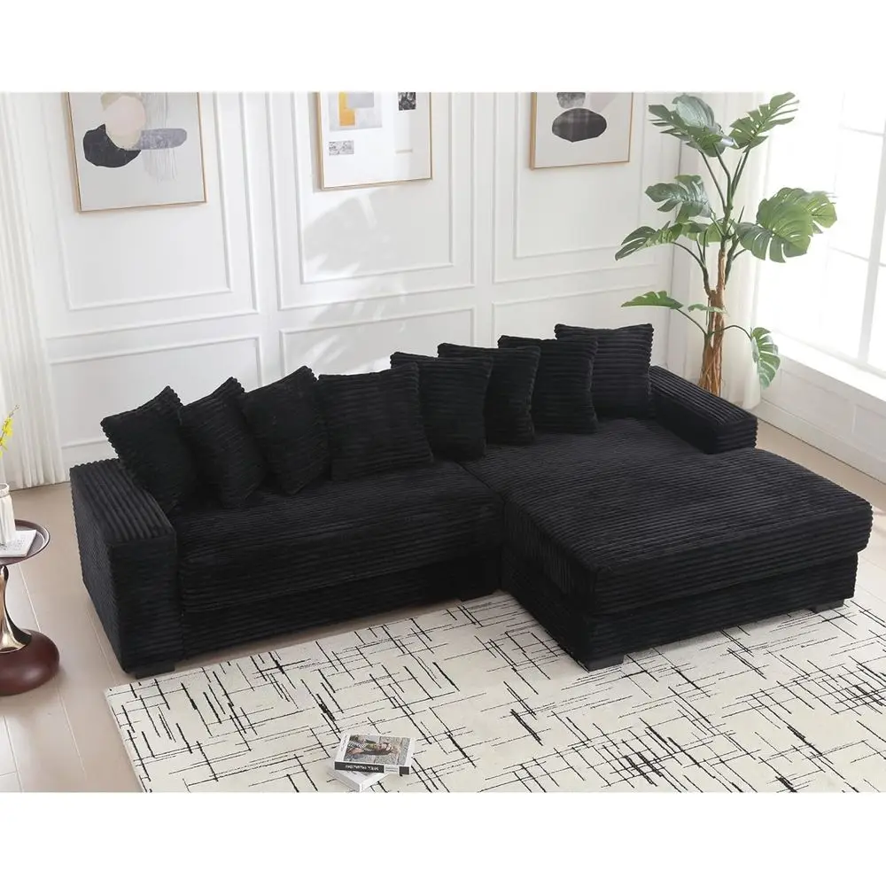 

Elegant 11-Foot Corduroy Sectional Sofa | L-Shaped Couch with 8 Pillows | Plush Deep-Seated Cloud Sofa | Solid Wood Black Sofa w