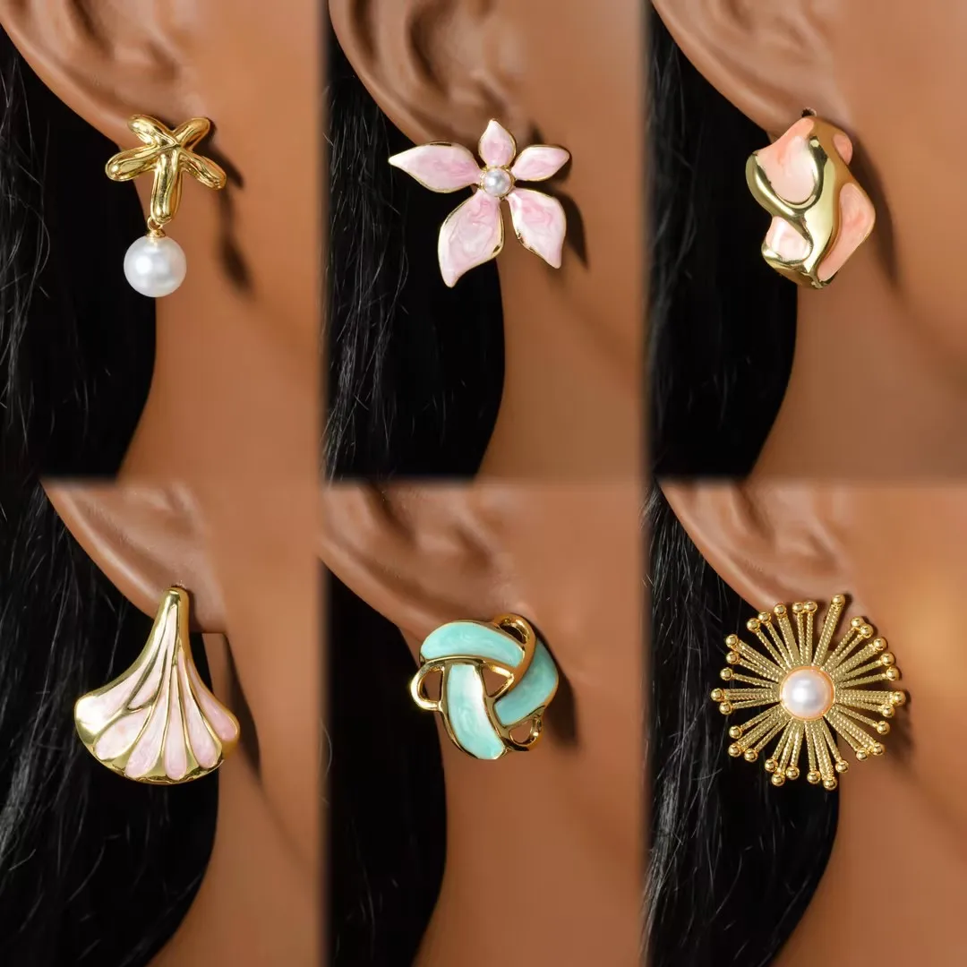 Vintage Enamel Statement Stud Earring for Women Colorful Drip Oil Pearl Ear Jewelry Boho Flower Seashell Sunburst Wear Accessory